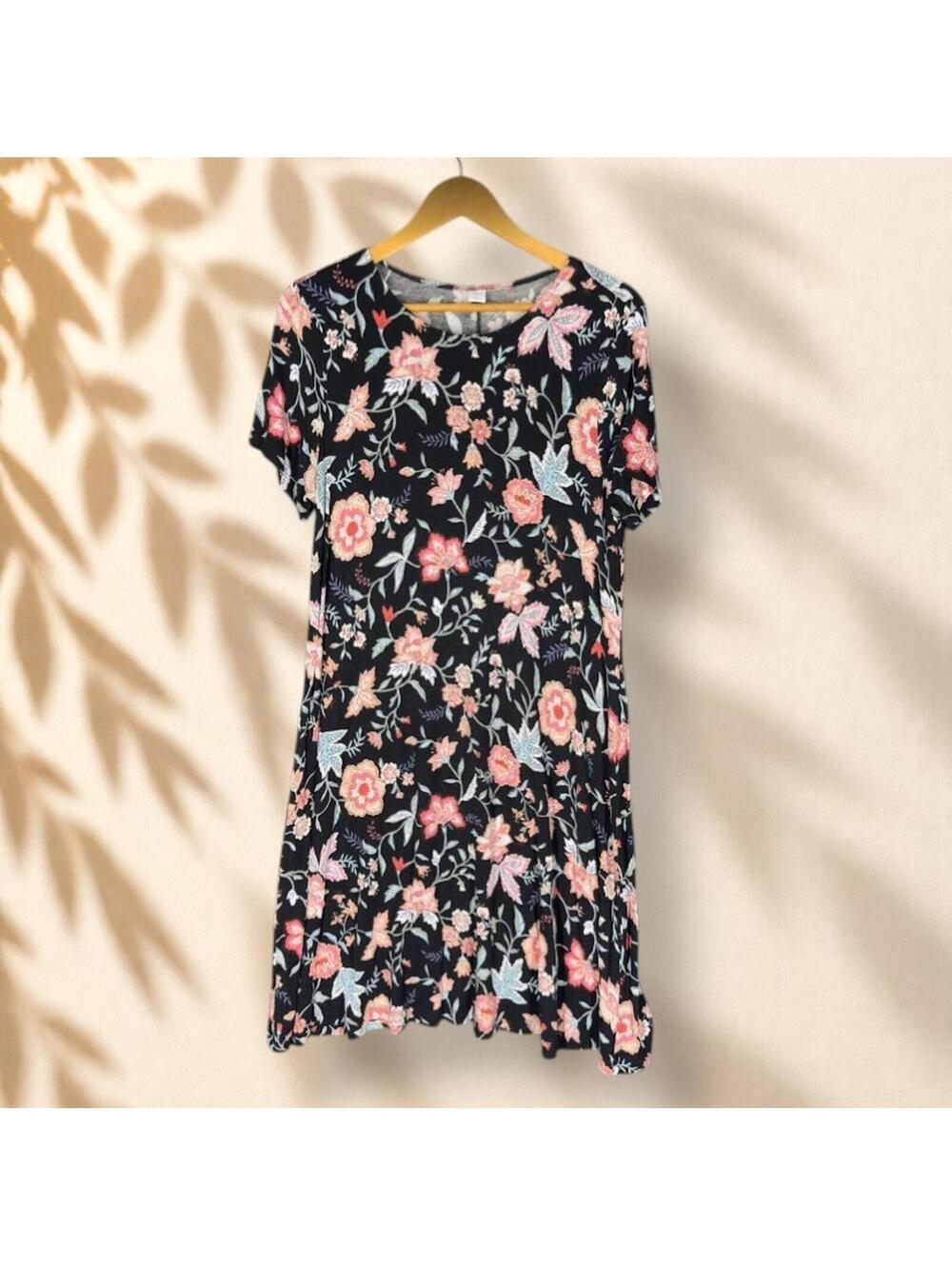 Old Navy Dress Women L Large Black Floral Shift Midi Short Sleeve Rayon Casual